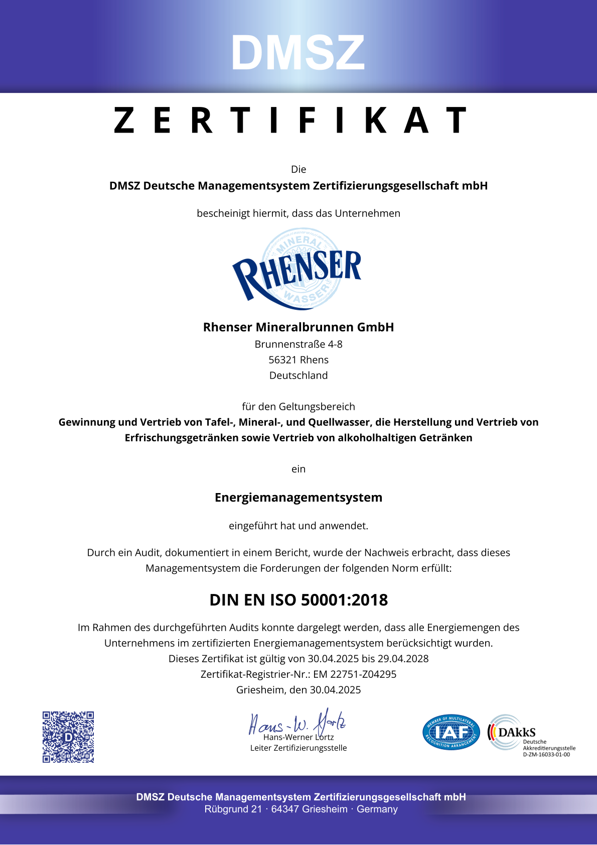 Zertifikat der DMSZ Deutsche Managementsystem Zertifizierungsgesellschaft mbH für die Rhenser Mineralbrunnen GmbH