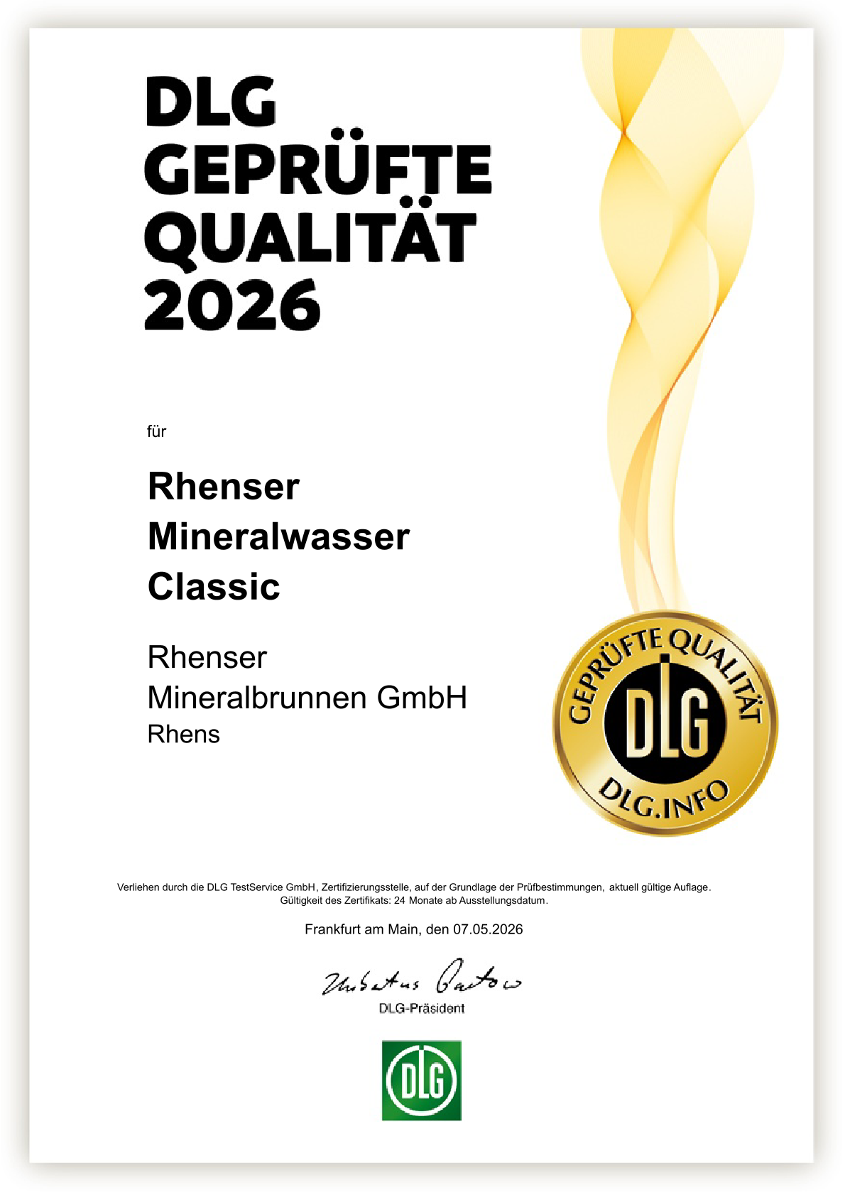 2026 DLG-Zertifikat_Rhenser_Mineralwasser_Classic